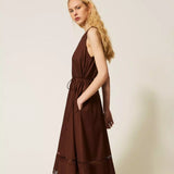 Vestido Castanho Midi em Popelina com Bordado | Twinset