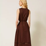 Vestido Castanho Midi em Popelina com Bordado | Twinset