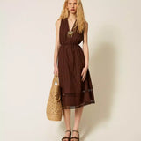 Vestido Castanho Midi em Popelina com Bordado | Twinset
