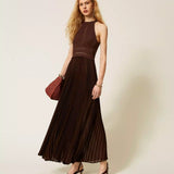 Vestido Longo Castanho em Malha e Georgette Plissada | Twinset