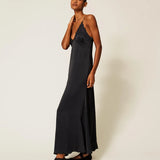 Vestido Longo Preto em Envers Satin com Bordado | TWINSET