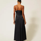 Vestido Longo Preto em Envers Satin com Bordado | TWINSET