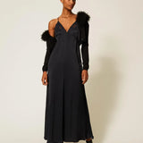 Vestido Longo Preto em Envers Satin com Bordado | TWINSET