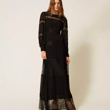 Vestido Longo Preto em Georgette com Renda | TWINSET