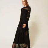 Vestido Longo Preto em Georgette com Renda | TWINSET