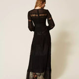 Vestido Longo Preto em Georgette com Renda | TWINSET