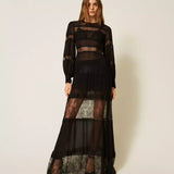 Vestido Longo Preto em Georgette com Renda | TWINSET