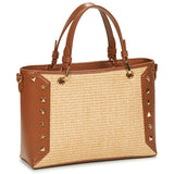 Mala de mão Love Moschino em ráfia com tachas em camel