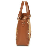 Mala de mão Love Moschino em ráfia com tachas em camel