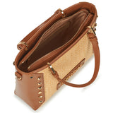 Mala de mão Love Moschino em ráfia com tachas em camel