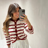 Cardigan ecru com riscas vermelhas e botões dourados