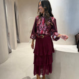 Saia Glória Bordeaux Midi em Tricot Jacquard com Folhos | CECILIA PRADO