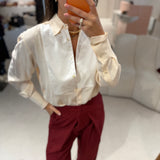 Camisa em Crepe de Chine Bege com Painel em Popelina Branco Krizia | SEMICOUTURE