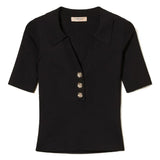 Polo Canelado Preto com Botões de Cristal | TWINSET