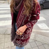 Casaco de Malha Bordeaux com Franjas Print Bandana | VIOLETA