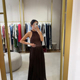 Vestido Longo Castanho em Malha e Georgette Plissada | Twinset