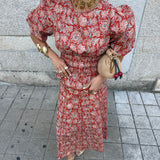 Conjunto Terracota Floral com Blusa de Mangas Volumosas e Saia Midi | VIOLETA