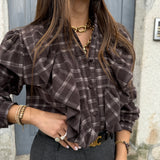 Blusa de Xadrez Castanha com Folhos na Gola | VIOLETA