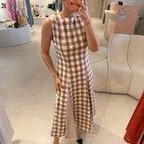 Vestido Midi Xadrez em Bege | Violeta Store