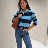 Polo de Malha Fina com Riscas Azul