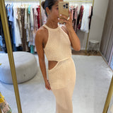 Vestido midi Twinset de punto beige con abalorios