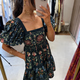 Vestido Curto Stitched Garden Azul Marinho | FARM RIO
