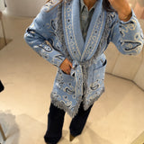 Casaco de Malha com Franjas Print Bandana Azul Claro | VIOLETA