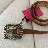 Cinto Camel em Pele com Fivela Vintage Turquesa | Violeta Store