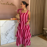 PRÉ-VENDA | Vestido Midi Rosa às Riscas com Folhos | VIOLETA