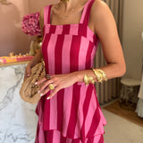 PRÉ-VENDA | Vestido Midi Rosa às Riscas com Folhos | VIOLETA