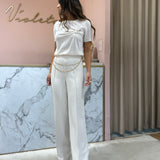 Calça Palazzo Ecru em Crepe com Cinto | TWINSET