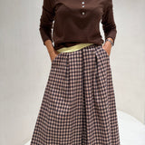 Saia de Lã com Estampa Xadrez Castanho | VIOLETA
