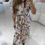 Vestido camiseiro midi com padrão colorido