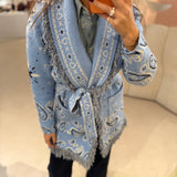 Casaco de Malha com Franjas Print Bandana Azul Claro | VIOLETA