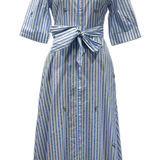 Vestido camiseiro midi às riscas com brihantes