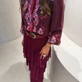 Saia Glória Bordeaux Midi em Tricot Jacquard com Folhos | CECILIA PRADO