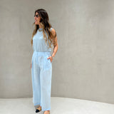 Calça palazzo SEMICOUTURE em linho azul