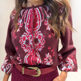 Saia Glória Bordeaux Midi em Tricot Jacquard com Folhos | CECILIA PRADO