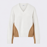 Camisola Branco e Camel em Lã Color Block com Decote em V | LIU JO