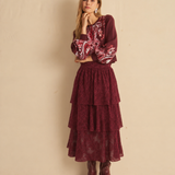 Saia Glória Bordeaux Midi em Tricot Jacquard com Folhos | CECILIA PRADO