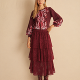 Saia Glória Bordeaux Midi em Tricot Jacquard com Folhos | CECILIA PRADO