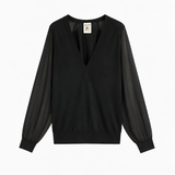 Camisola Jetta Preta em Lã com Mangas em Georgette | SEMICOUTURE