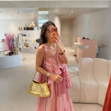Vestido Midi Rosa às Riscas | Violeta Store