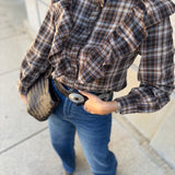 Blusa de Xadrez Castanho com Folhos | VIOLETA