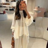 Blusa Renie Ecru em Georgette com Faixa | SEMICOUTURE