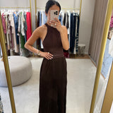 Vestido Longo Castanho em Malha e Georgette Plissada | Twinset