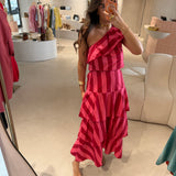 Conjunto Rosa de Top e Saia Midi de Folhos | Violeta Store