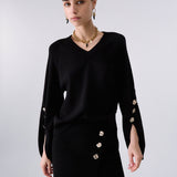 Camisola Preta com Decote em V e Aberturas Laterais | LIU JO