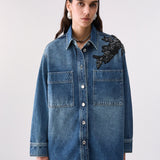 Camisa Oversized em Denim com Bordado de Joias | LIUJO
