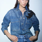 Camisa Oversized em Denim com Bordado de Joias | LIUJO